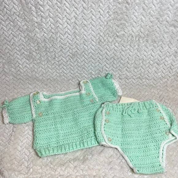 Vintage Handmade Light Green Knitted 2 piece Infant Outfit OS OOAK - Picture 1 of 10